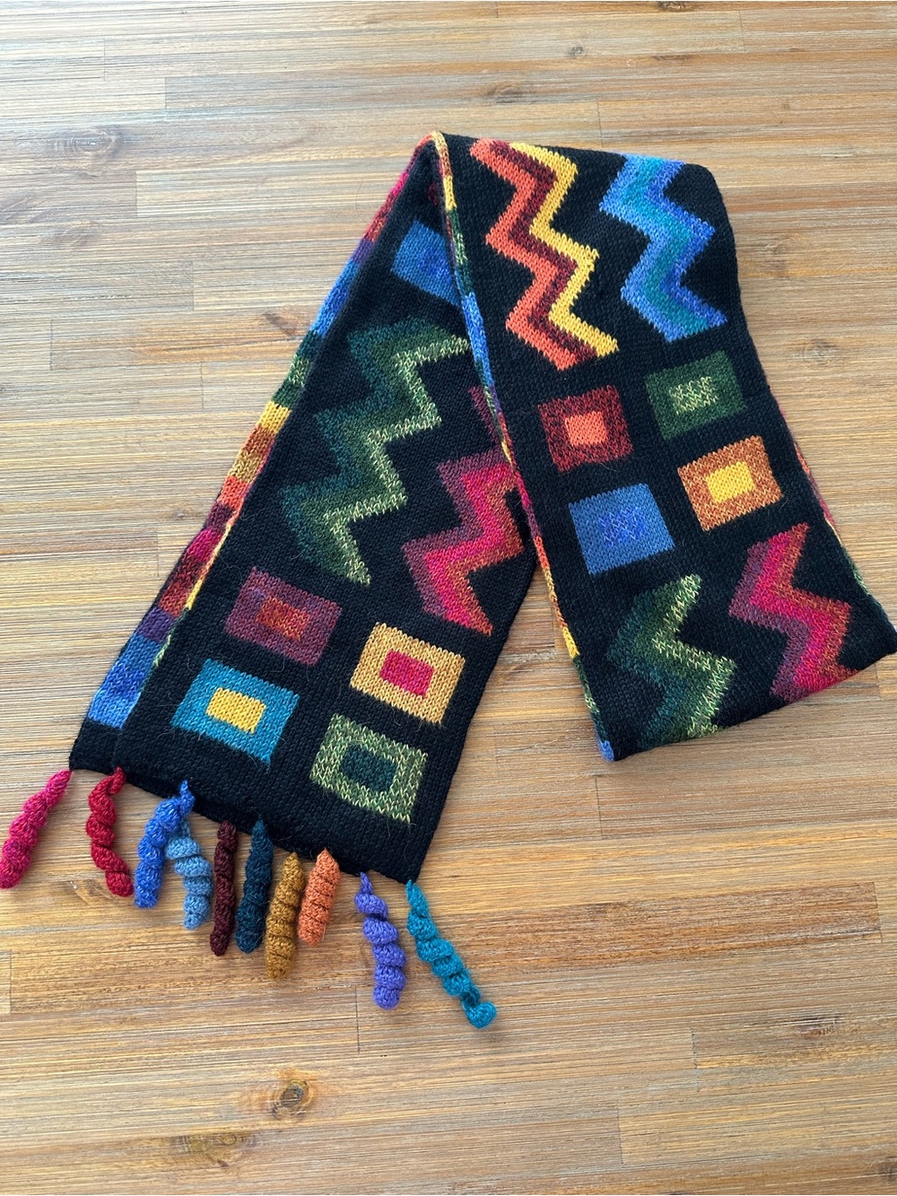 Black Multicolor Zigzag & Square Peruvian Scarf